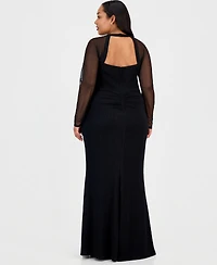 City Studios Trendy Plus Mesh-Sleeve High-Slit Gown