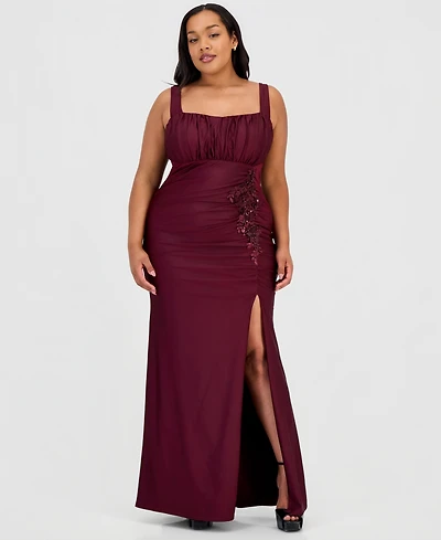 City Studios Trendy Plus Ruched Satin Applique Gown