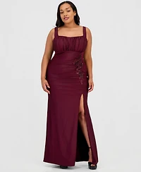City Studios Trendy Plus Ruched Satin Applique Gown