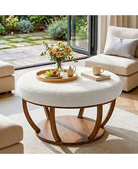 Tribesigns 31.5" Round Storage Ottoman Coffee Table, 2-Tier Modern Circle Upholstered Coffee Table with Storage and Solid Wood Base