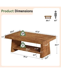 Tribesigns 2-Tier Solid Wood Coffee Table, 47-Inch Rectangular Wood Coffee Table, Farmhouse Center Table with Storage