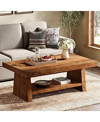 Tribesigns 2-Tier Solid Wood Coffee Table, 47-Inch Rectangular Wood Coffee Table, Farmhouse Center Table with Storage