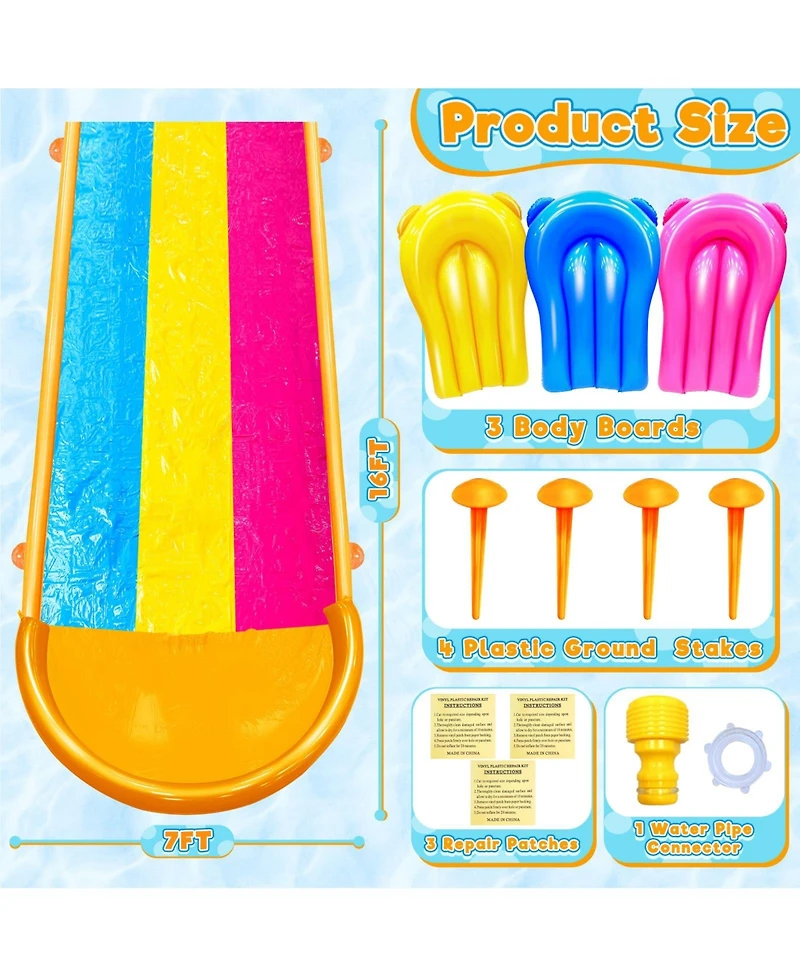 Aofar 3 Sided Safe Fence Triple Slip Water Slide 3-way Sprinklers Bodyboards Summer Outdoor