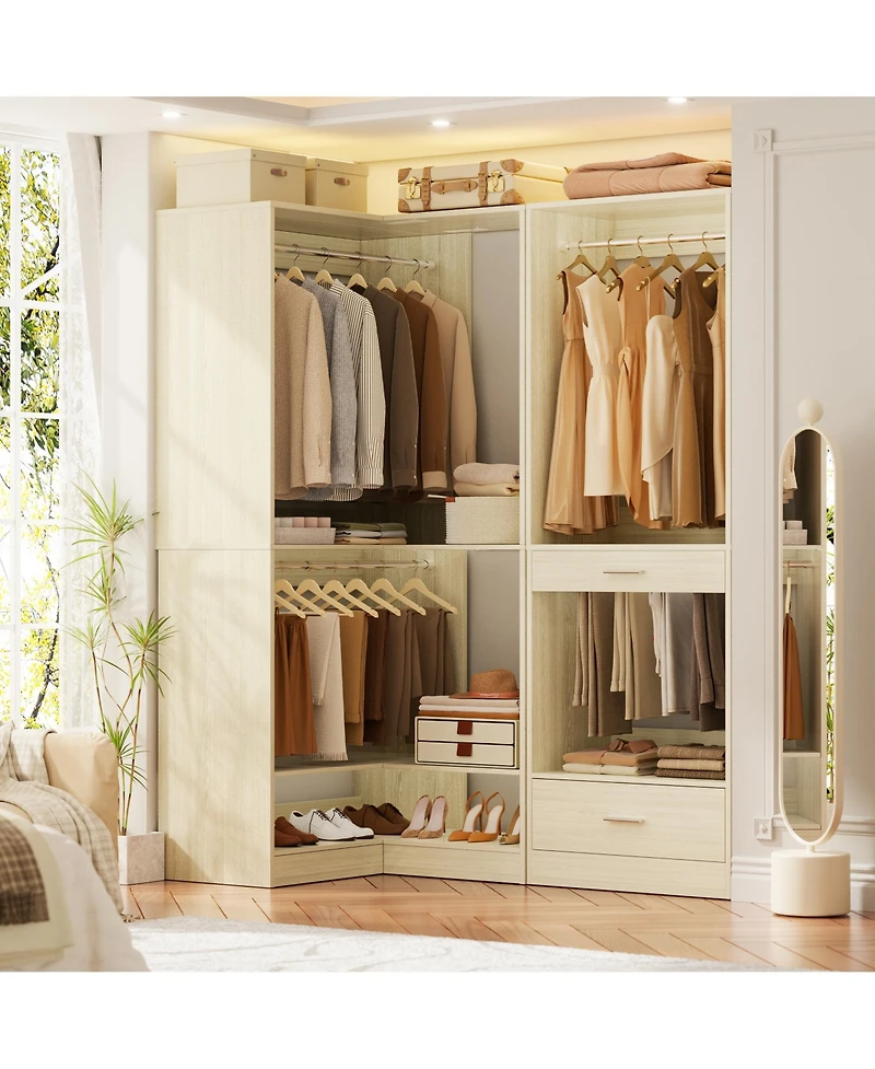 Corner Closet System with Upper & Lower Hanging Areas, Wardrobe Organizer Shoe Shelf