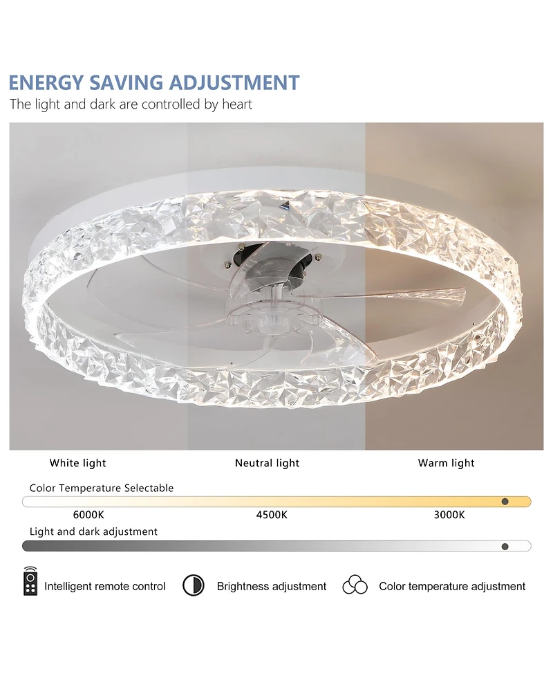 Clihome Acrylic Ceiling Fan Light with Remote Control, Dimmable Led Chandelier, 6-Speed Adjustable