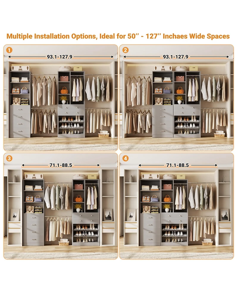 Aheaplus Wooden Closet System Set with 6 Drawers and 5 Hanging Rods and 6 Shelves