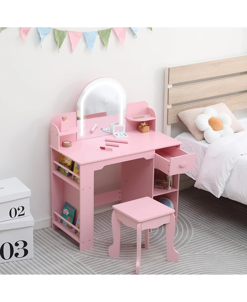 homfan Led Lighted Kids Vanity Table with Mirror, Stool, Bookshelf and Storage – Princess Wooden Makeup Desk for Girls Bedroom or Playroom