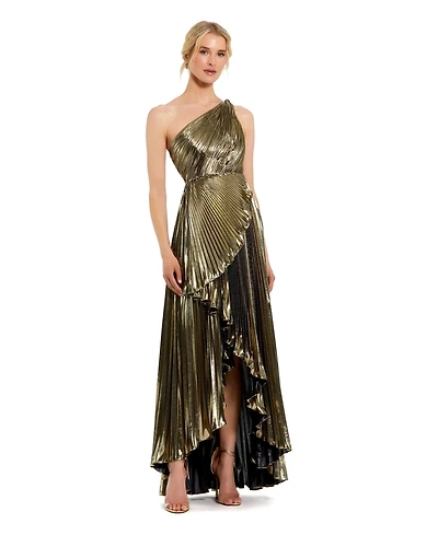 Mac Duggal Petite Pleated Metallic One Shoulder High Low Gown