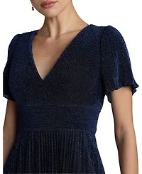 Mac Duggal Women's Pleated Metallic Flutter Sleeve A Line Gown