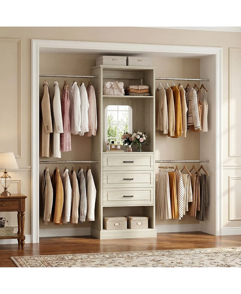 Aheaplus Wooden Closet Organizer with 4 Hanging Rods and 3 Drawers Mirror