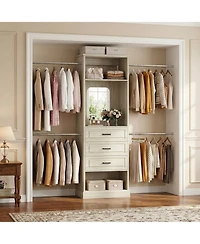 Aheaplus Wooden Closet Organizer with 4 Hanging Rods and 3 Drawers Mirror