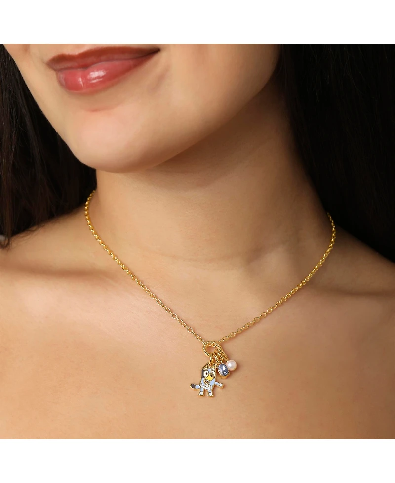 Bluey Charm Necklace Official License, 16+2 inch 18k Gold Flash-Plated Necklace with 3 Dangle Charms