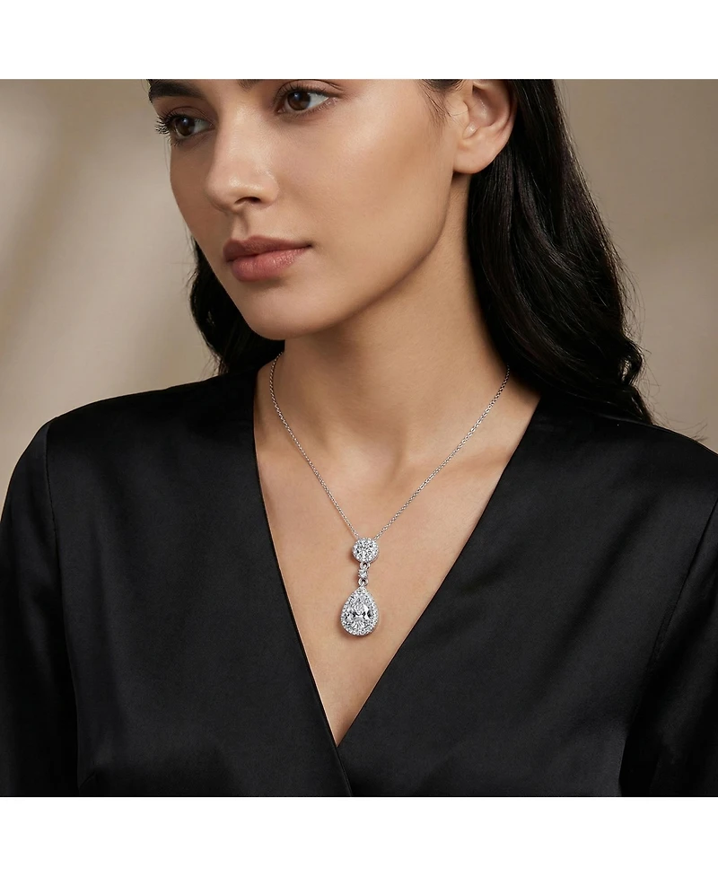 Genevive Modern White Gold Plated Cz Vintage Teardrop Pendant Necklace
