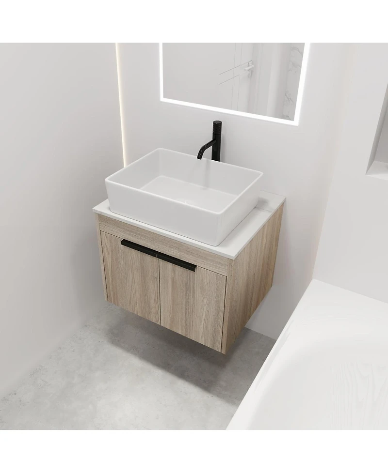 Sillysis Wall Mounted Bathroom Vanity with Ceramic Vessel Sink,Stone Top, Soft Close Doors, Modern Handle Design