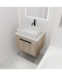 Sillysis Wall Mounted Bathroom Vanity with Ceramic Vessel Sink,Stone Top, Soft Close Doors, Modern Handle Design