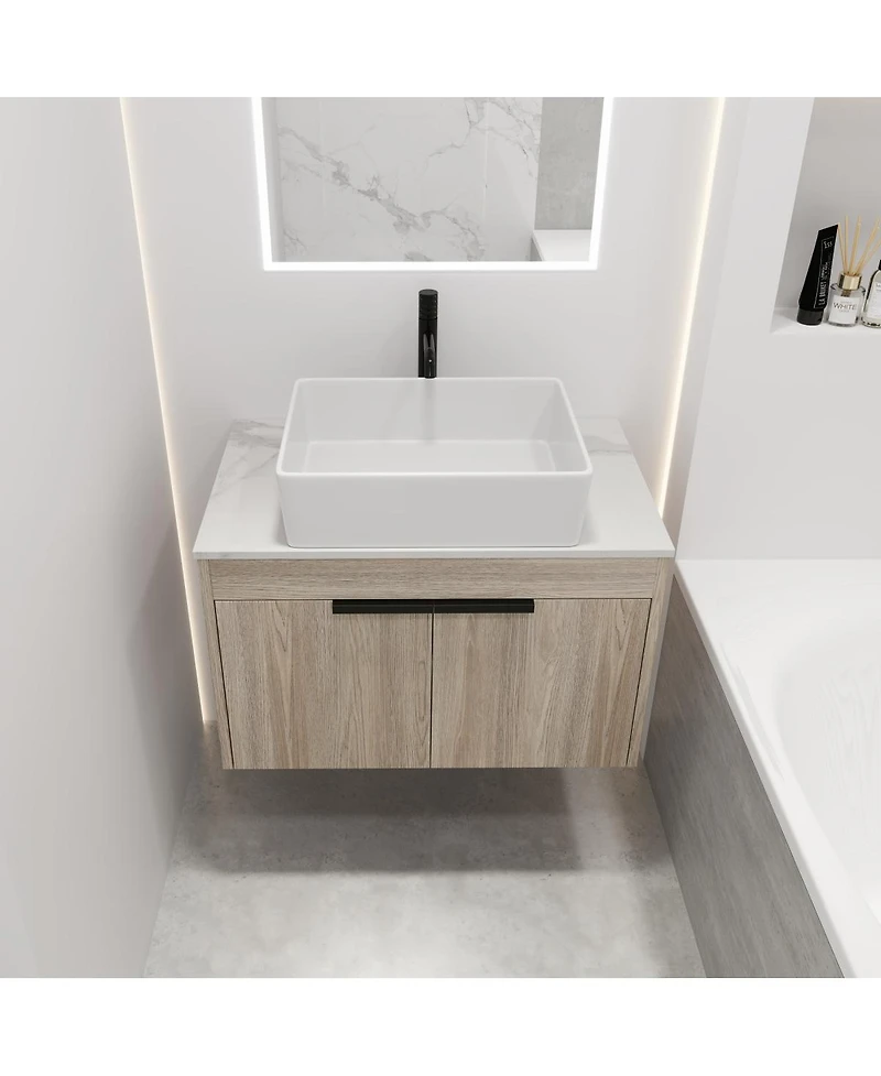 Sillysis Wall Mounted Bathroom Vanity with Ceramic Vessel Sink,Stone Top, Soft Close Doors, Modern Handle Design