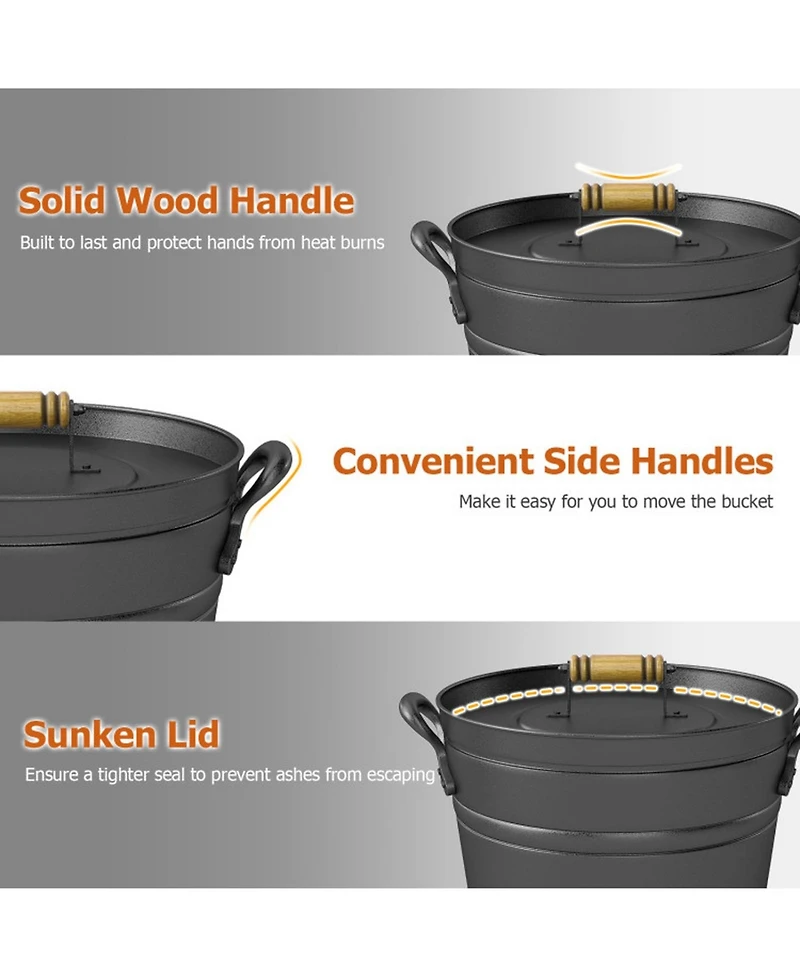 Gouun Gallon Metal Coal Ash Can with Wooden Lid and Side Grip Handles