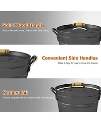 Gouun Gallon Metal Coal Ash Can with Wooden Lid and Side Grip Handles