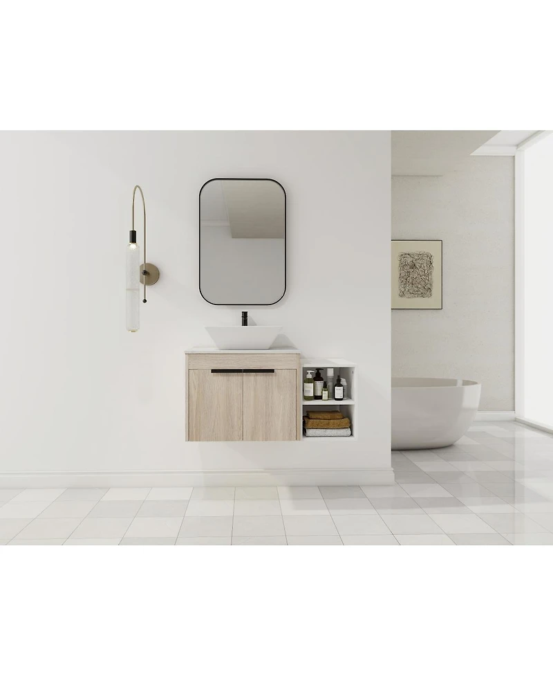 Sillysis Wall Mounted Bathroom Vanity with Ceramic Vessel Sink, Side Storage Shelf, Soft Close Doors