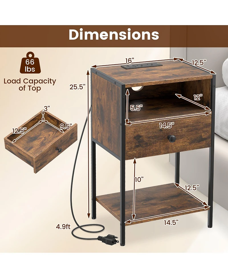 Gymax Nightstand with Charging Station Bedside Table with Usb Ports and Outlets