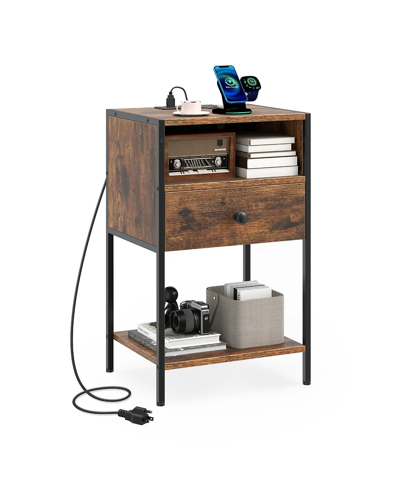 Gymax Nightstand with Charging Station Bedside Table with Usb Ports and Outlets