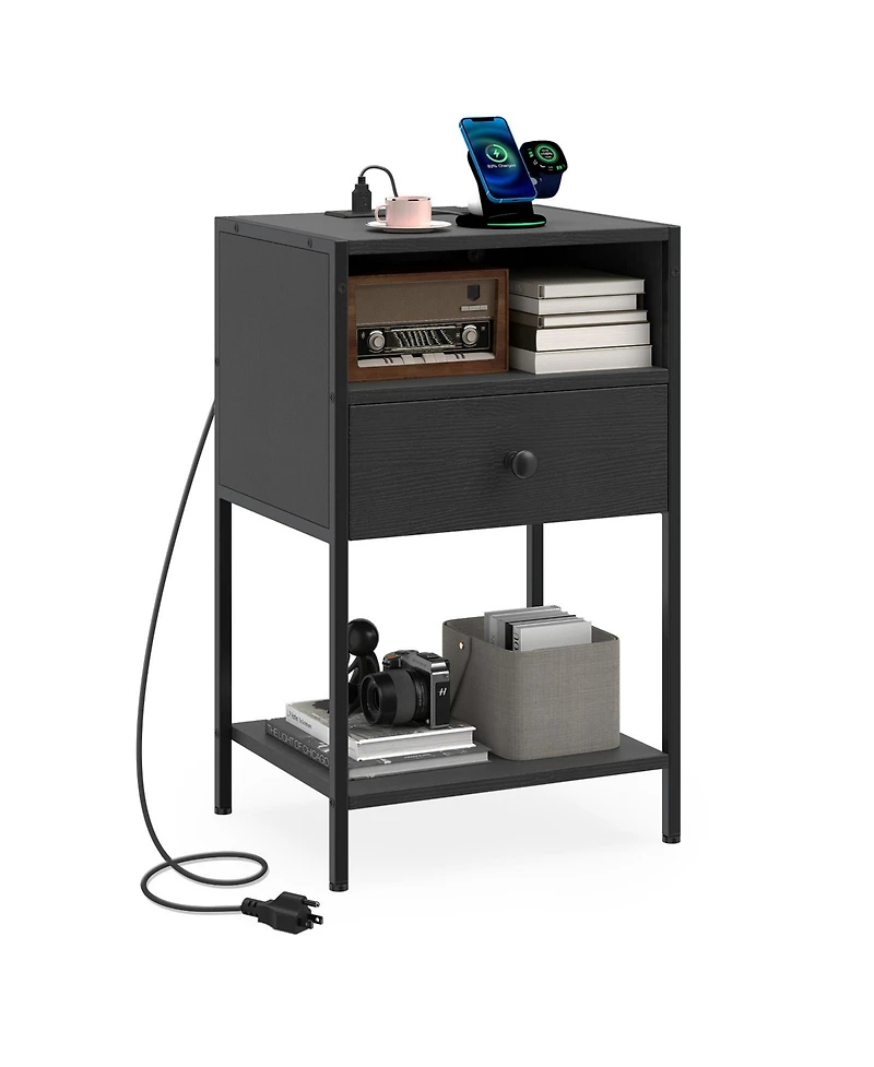 Gymax Nightstand with Charging Station Bedside Table Usb Ports and Outlets