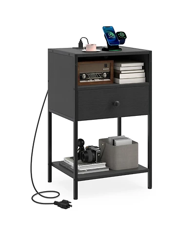 Gymax Nightstand with Charging Station Bedside Table Usb Ports and Outlets