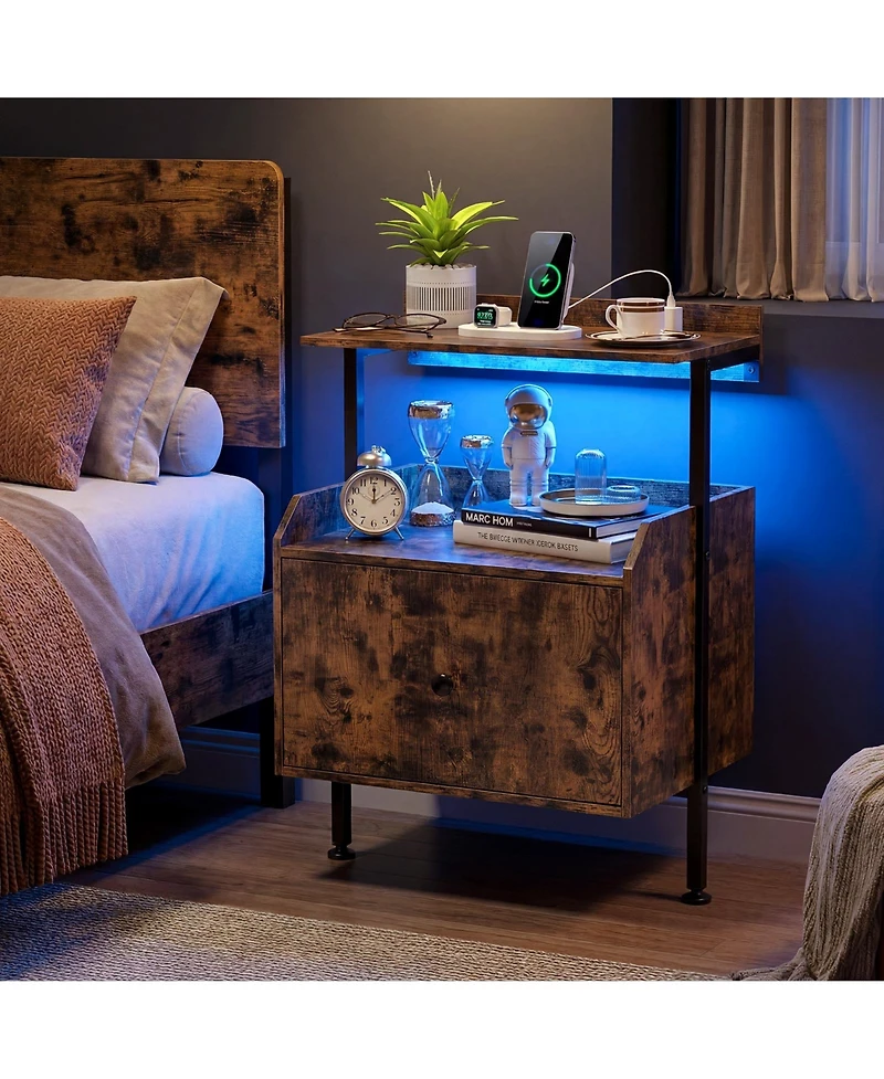Gymax 2 pieces Nightstand Wall-mounted Bedside Table w/ Led Lights and Charging Station