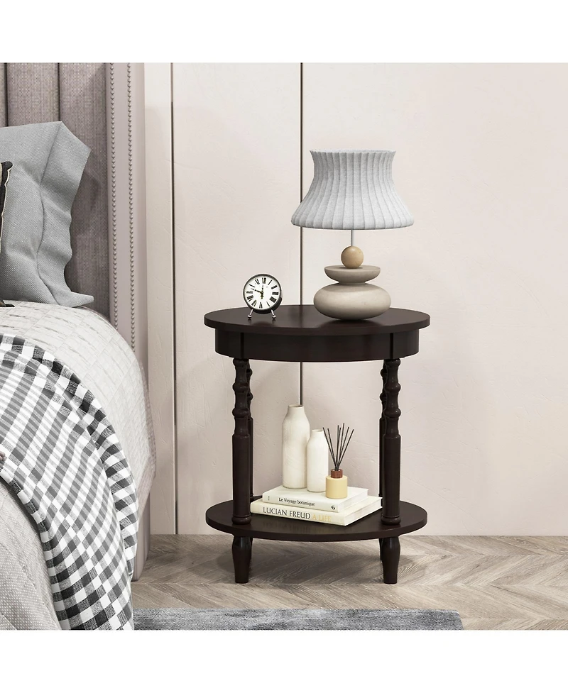 Gouun 2-Tier Oval Side Table with Storage Shelf and Solid Wood Legs