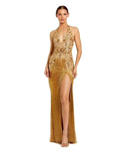 Mac Duggal Women's Embellished Halter Gown with Fringe Slit