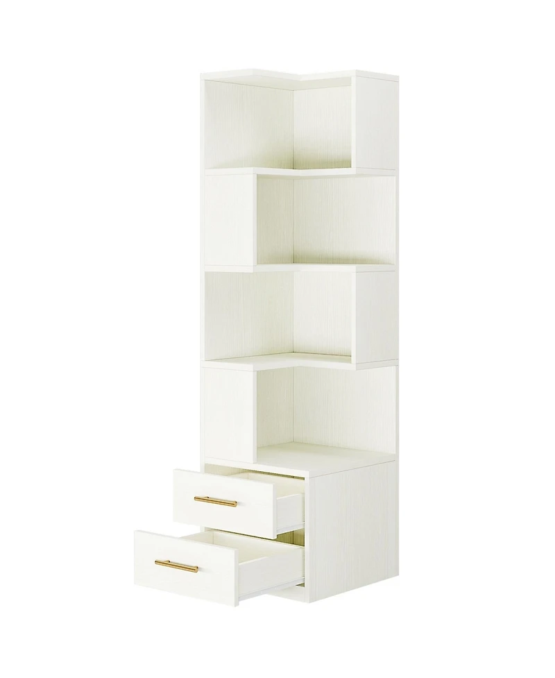 Slickblue Corner Bookcase with 5 Tier Storage Shelves and 2 Drawers