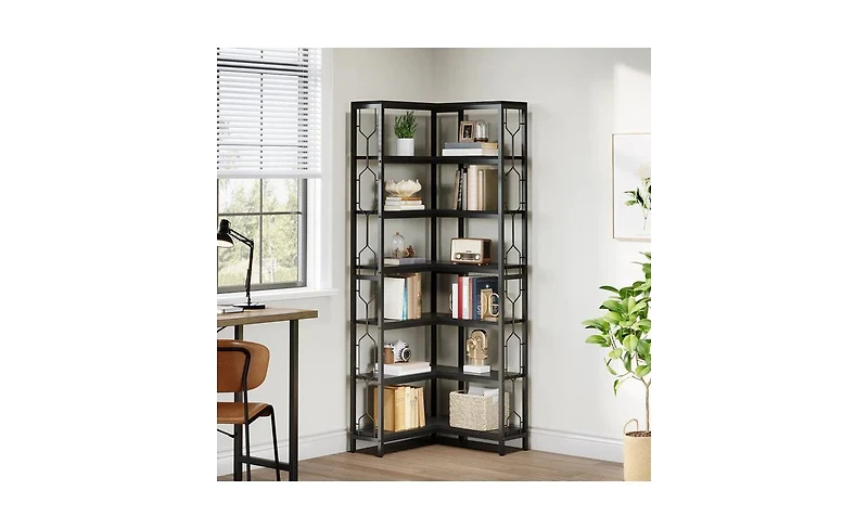 Slickblue Industrial Corner Bookcase with 7 Open Storage Shelves