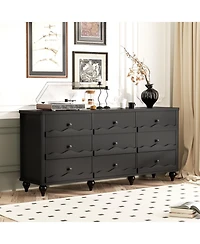 Aheaplus Wooden 9 Drawers Dresser Storage Cabinet with Scalloped Front