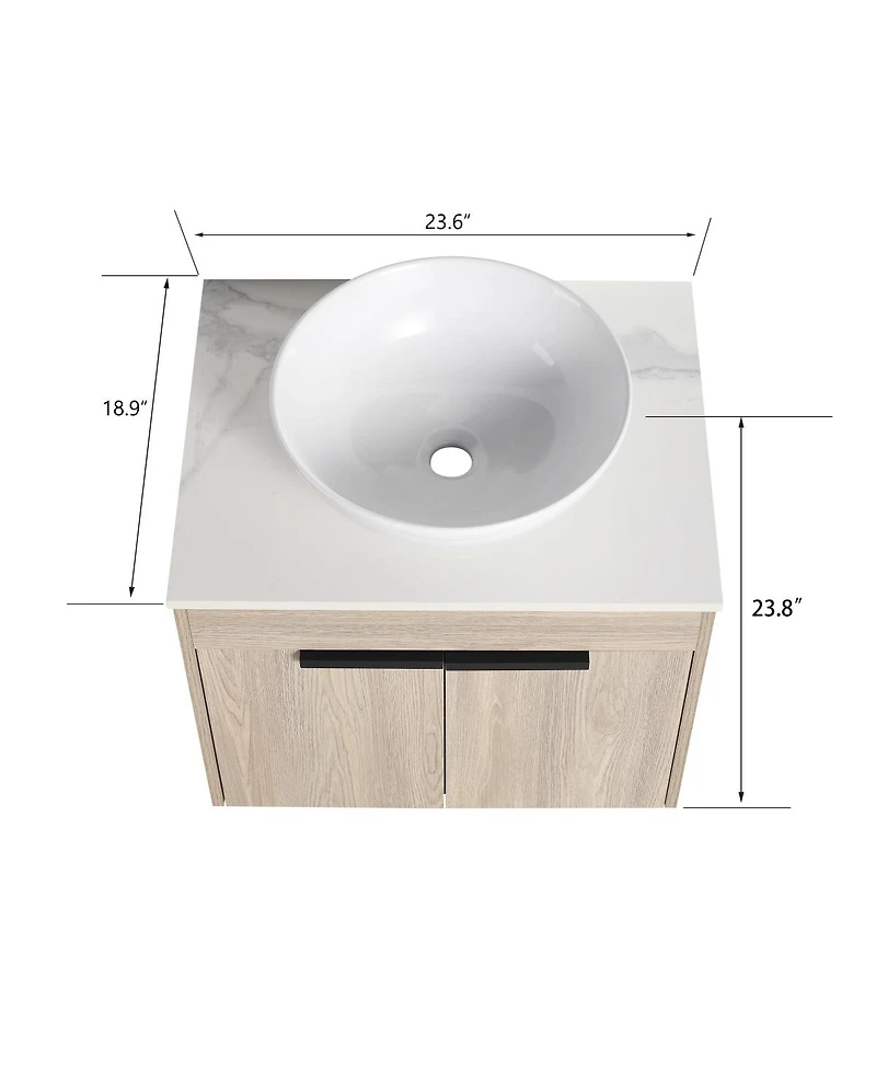 Sillysis Wall Mounted Bathroom Vanity with Ceramic Vessel Sink, Stone Top, Soft Close Doors