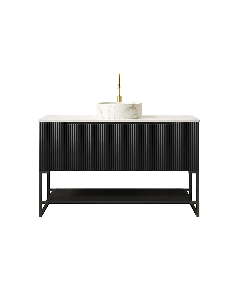 Sillysis 48 Inch Modern Bathroom Vanity with Sintered Stone Countertop, Ceramic Vessel Sink, Soft Close Doors, Open Shelf