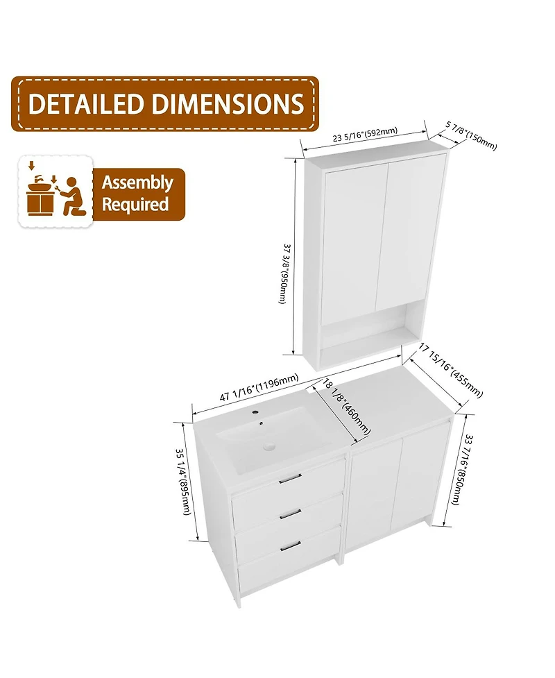 Sillysis 47 Inch Modern Freestanding Bathroom Vanity with Resin Sink, Soft Close Drawers, Storage Cabinet and Wall Cabinet