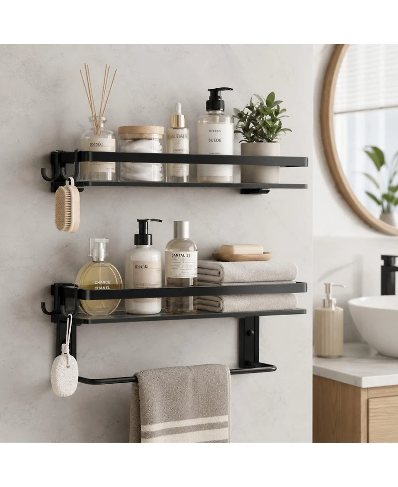 Phying 15.7 Inch 2 Tier Wall Mounted Tempered Glass Bathroom Shelf Multifunctional Bathroom Storage Organizer With Towel Bar For Bathroom