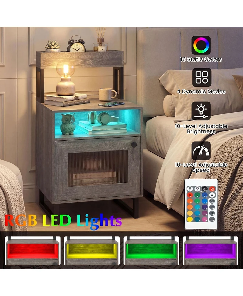 Slickblue Nightstand with Led Lighting, Top Tray, Open Compartment & Cabinet Storage