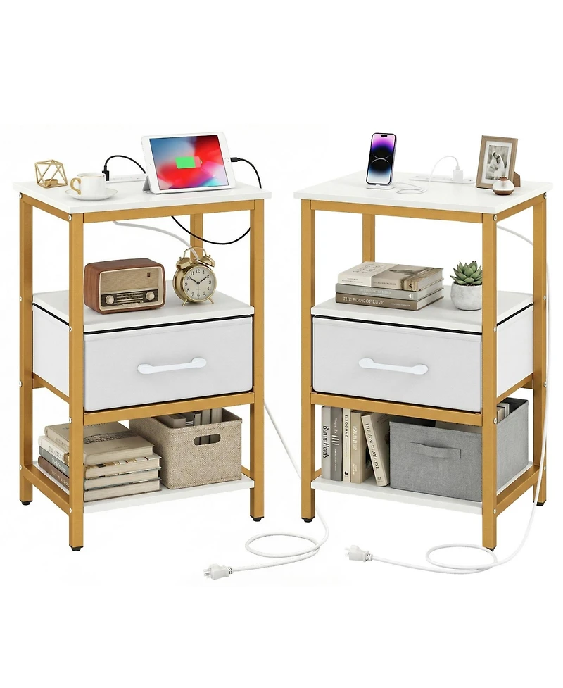 Slickblue Modern 2-Piece Nightstand Set with Adjustable Fabric Drawer and Charging Station