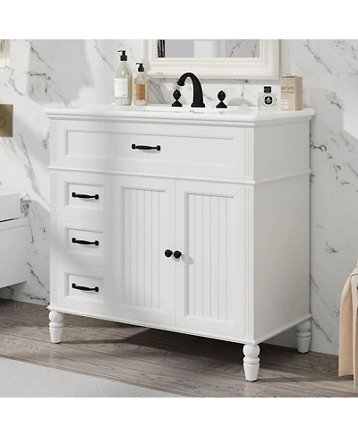 Thirtypeachy 36" Vintage Freestanding Vanity With Ceramic Sink, Acacia Wood and Mdf Frame, 2 Doors 2 Drawers Soft-Close