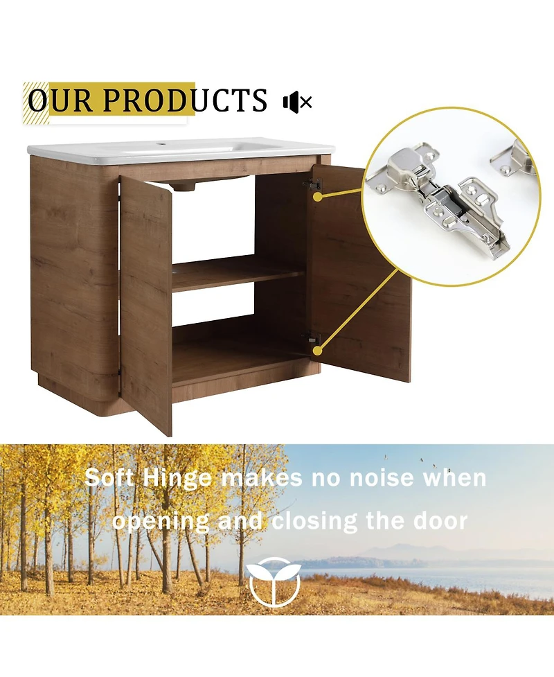Sillysis Freestanding Bathroom Vanity with Ceramic Sink, Modern Plywood Cabinet, Soft Close Doors, Ample Storage
