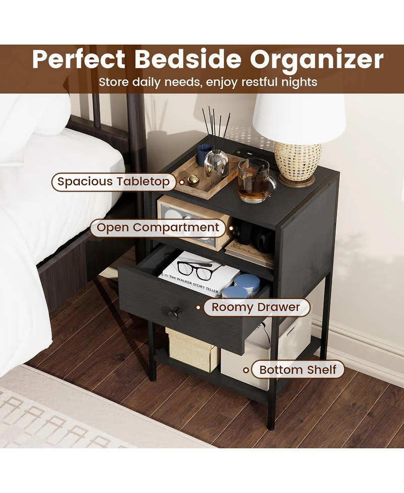 Slickblue Nightstand with Built-In Charging Station, Usb Ports and Power Outlets