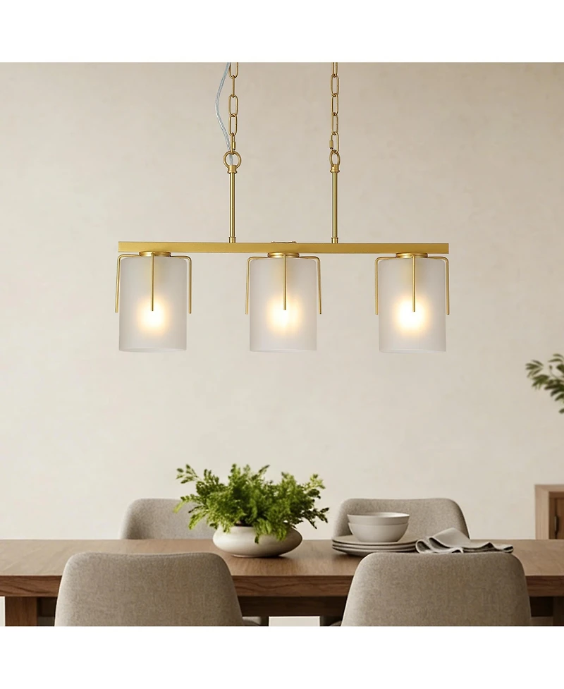 Midola Modern 3-Light Linear Chandelier, E26 Base, Adjustable Height Pendant Light with Frosted Glass Shades, Kitchen Island Lighting