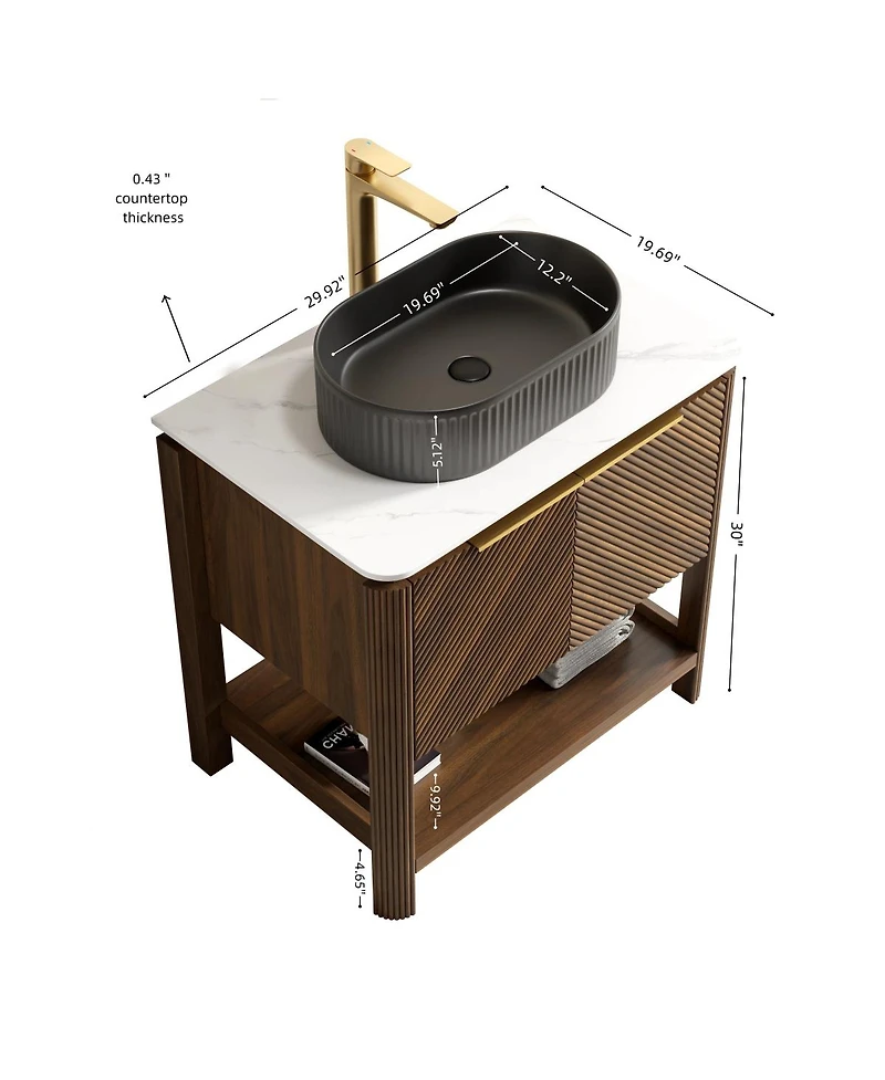 Sillysis Modern Bathroom Vanity with Vessel Sink, Sintered Stone Countertop, Soft Close Solid Wood 3D Doors