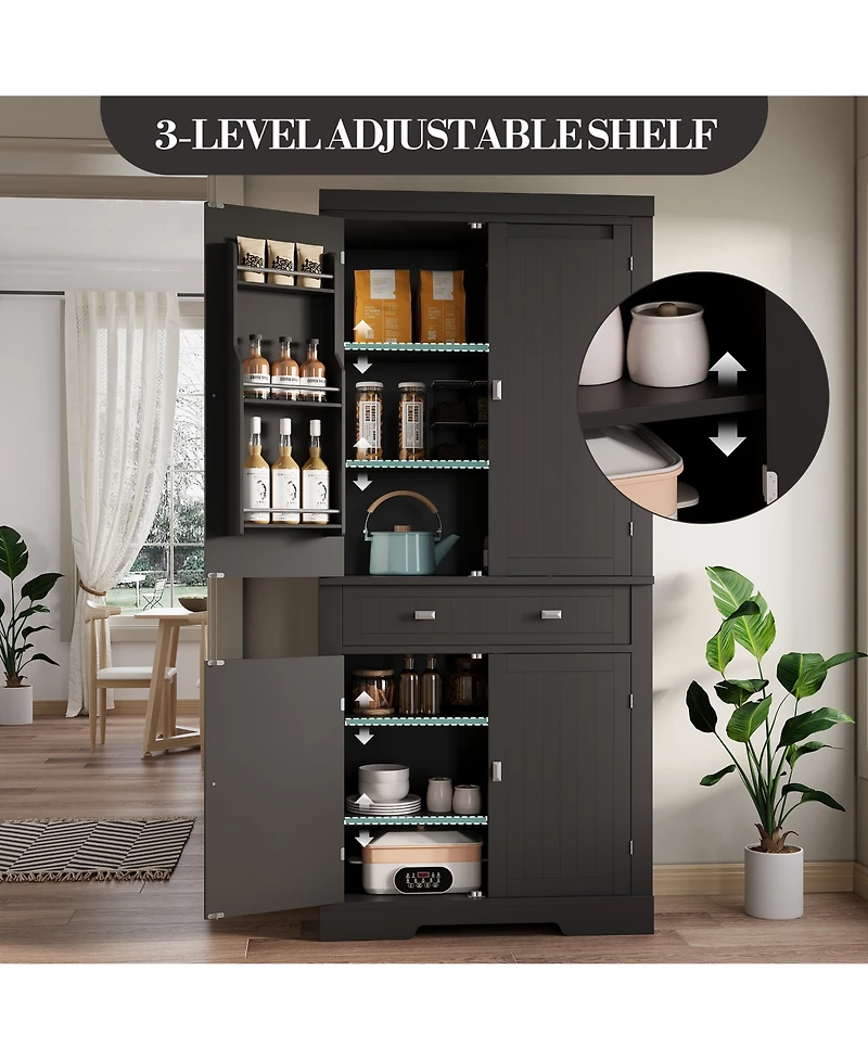 homfan Modern Farmhouse Freestanding Pantry Cabinet, Engineered Wood Kitchen Storage Cupboard with Adjustable Shelves and Anti-Tip Design