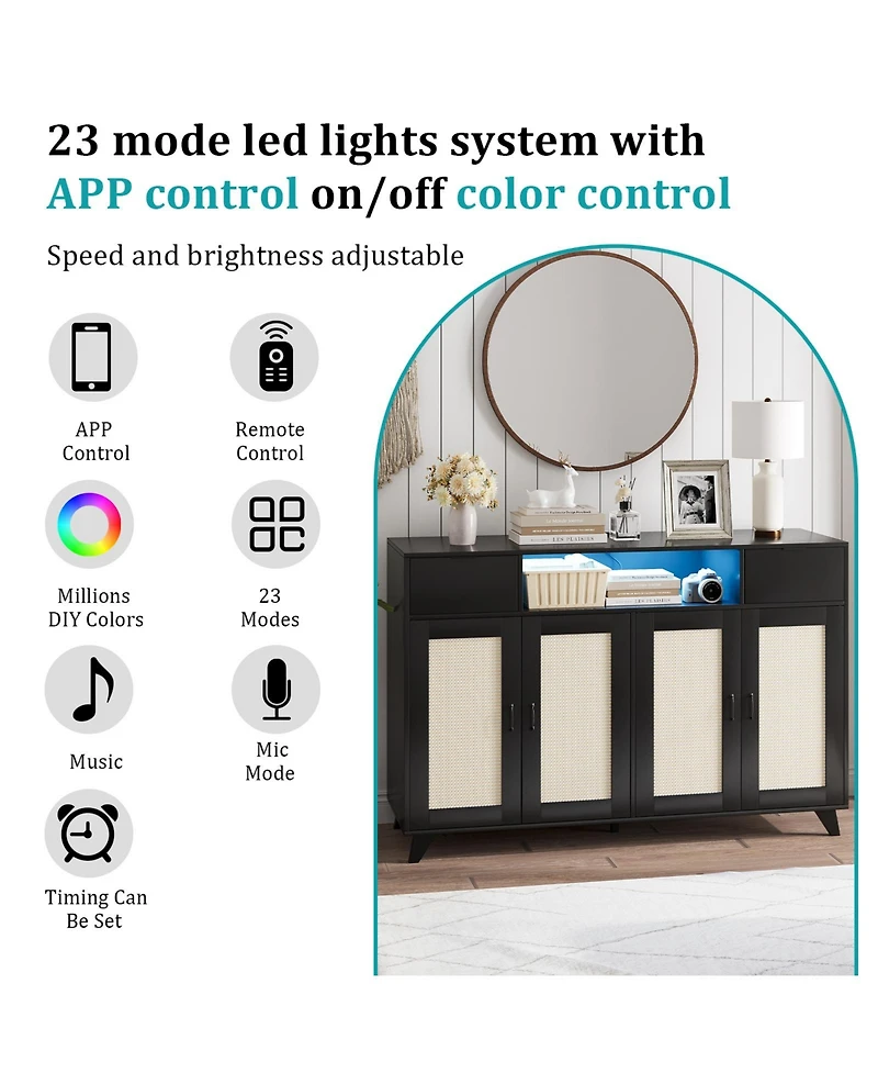 homfan Modern Boho Rattan Sideboard Buffet, 4-Door 2-Drawer Credenza with Built-in Outlets, Led Lighting and Adjustable Shelves for Multi-Room Storage
