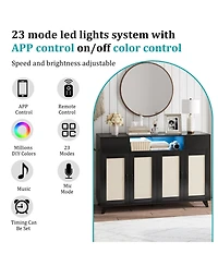 homfan Modern Boho Rattan Sideboard Buffet, 4-Door 2-Drawer Credenza with Built-in Outlets, Led Lighting and Adjustable Shelves for Multi-Room Storage