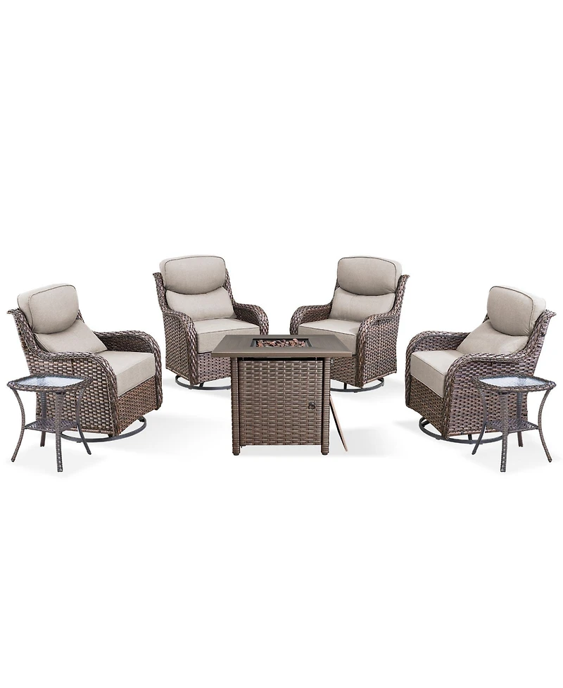Pocassy Patio Rocking Swivel Chair with Fire Pit Table Outdoor Wicker Rattan Bistro Set Tempered Glass Side