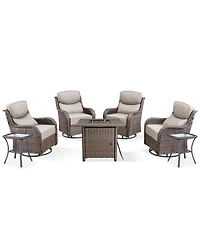Pocassy Patio Rocking Swivel Chair with Fire Pit Table Outdoor Wicker Rattan Bistro Set Tempered Glass Side