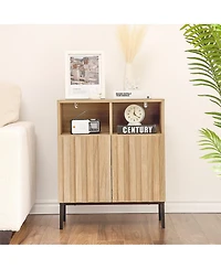 homfan Modern Industrial Entryway Storage Cabinet, Fluted Panel Door, Adjustable Shelves, Metal Legs, Buffet Sideboard